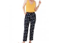 ICHI - Pantalon fluide droit Fleuri Bleu marine et blanc