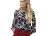 ICHI - Blouse fluide manches longues fleurie noir blanc rouge